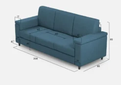 Divano 208x85cm design a tre posti con bracciolo squadrato tessuto idrorepellente blu avio DI3
