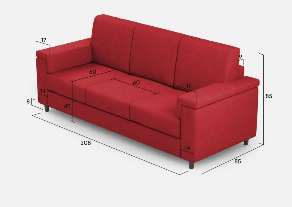 Divano 208x85cm design a tre posti con bracciolo squadrato tessuto idrorepellente rosso DI3