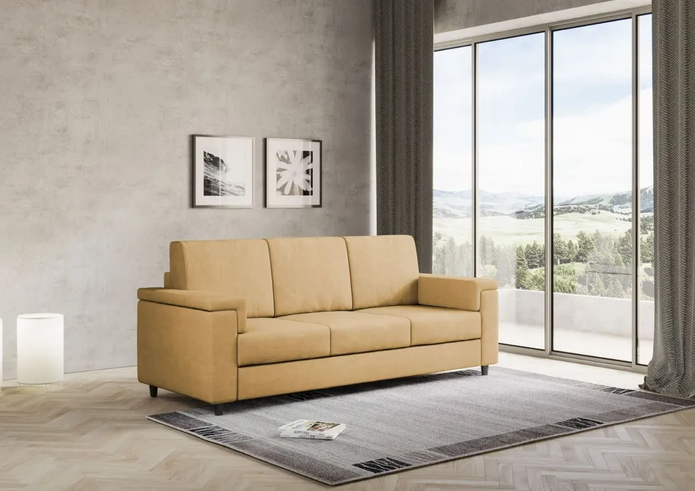 Divano 208x85cm design a tre posti con bracciolo squadrato tessuto idrorepellente ocra DI3