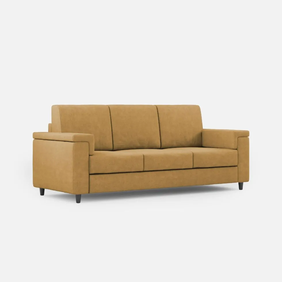 Divano 208x85cm design a tre posti con bracciolo squadrato tessuto idrorepellente ocra DI3