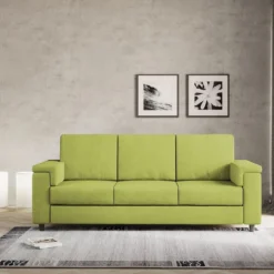 Divano 208x85cm design a tre posti con bracciolo squadrato tessuto idrorepellente verde DI3