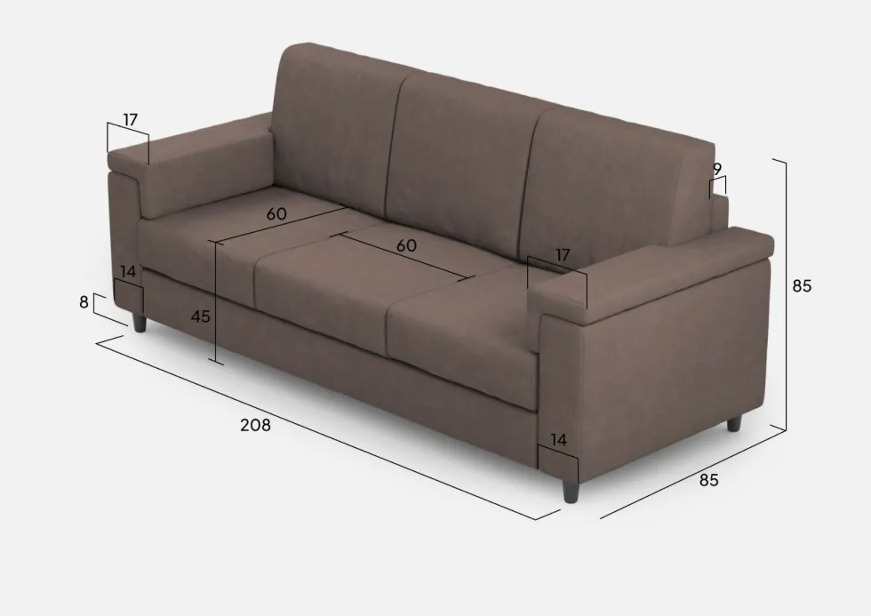 Divano 208x85cm design a tre posti con bracciolo squadrato tessuto idrorepellente talpa DI3