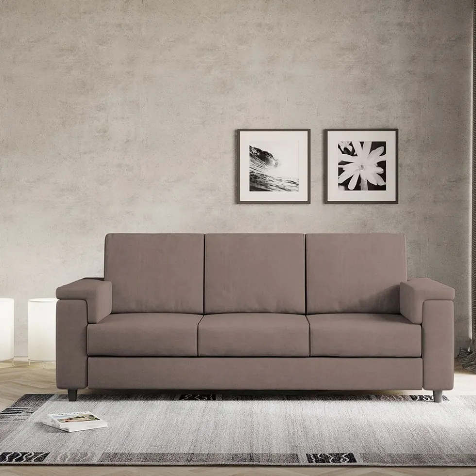 Divano 208x85cm design a tre posti con bracciolo squadrato tessuto idrorepellente talpa DI3