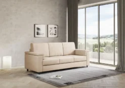 Divano 208x85cm design a tre posti con bracciolo squadrato tessuto idrorepellente beige DI3