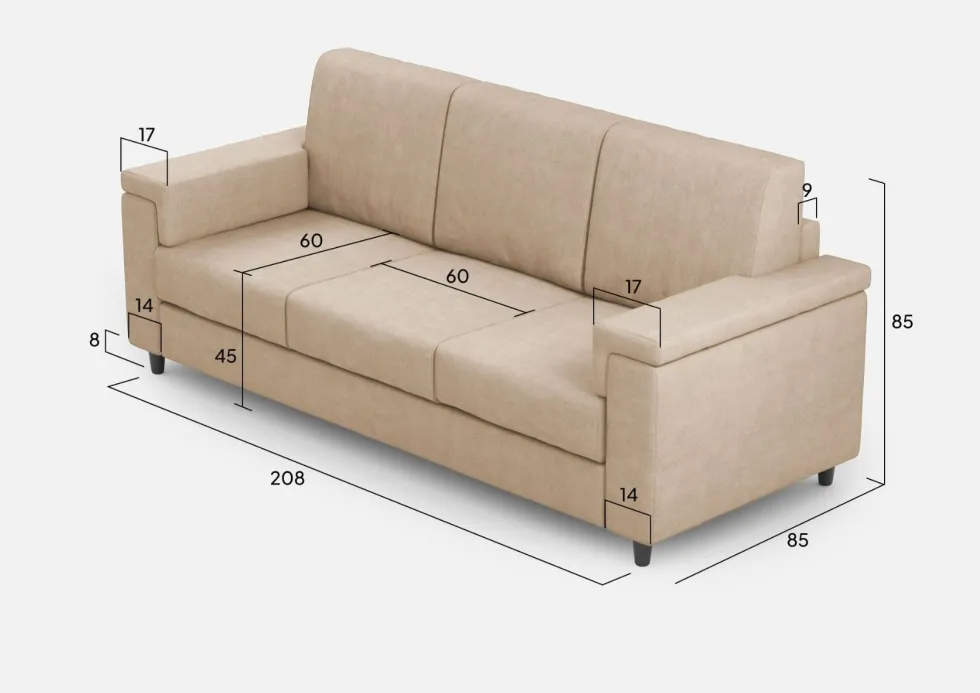Divano 208x85cm design a tre posti con bracciolo squadrato tessuto idrorepellente beige DI3