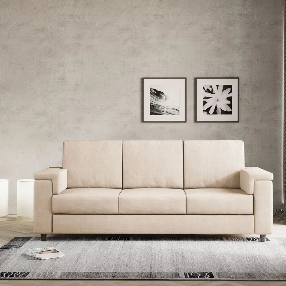 Divano 208x85cm design a tre posti con bracciolo squadrato tessuto idrorepellente beige DI3