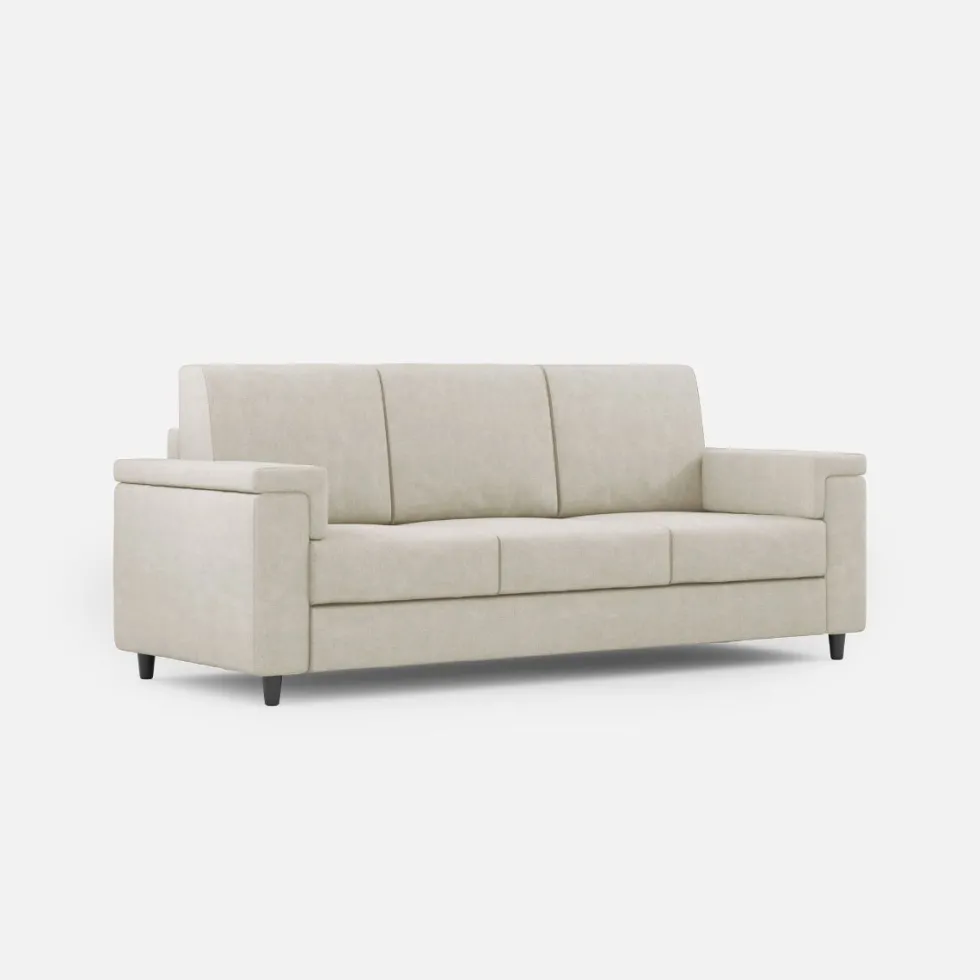 Divano 208x85cm design a tre posti con bracciolo squadrato tessuto idrorepellente bianco latte DI3