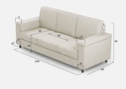 Divano 208x85cm design a tre posti con bracciolo squadrato tessuto idrorepellente bianco latte DI3
