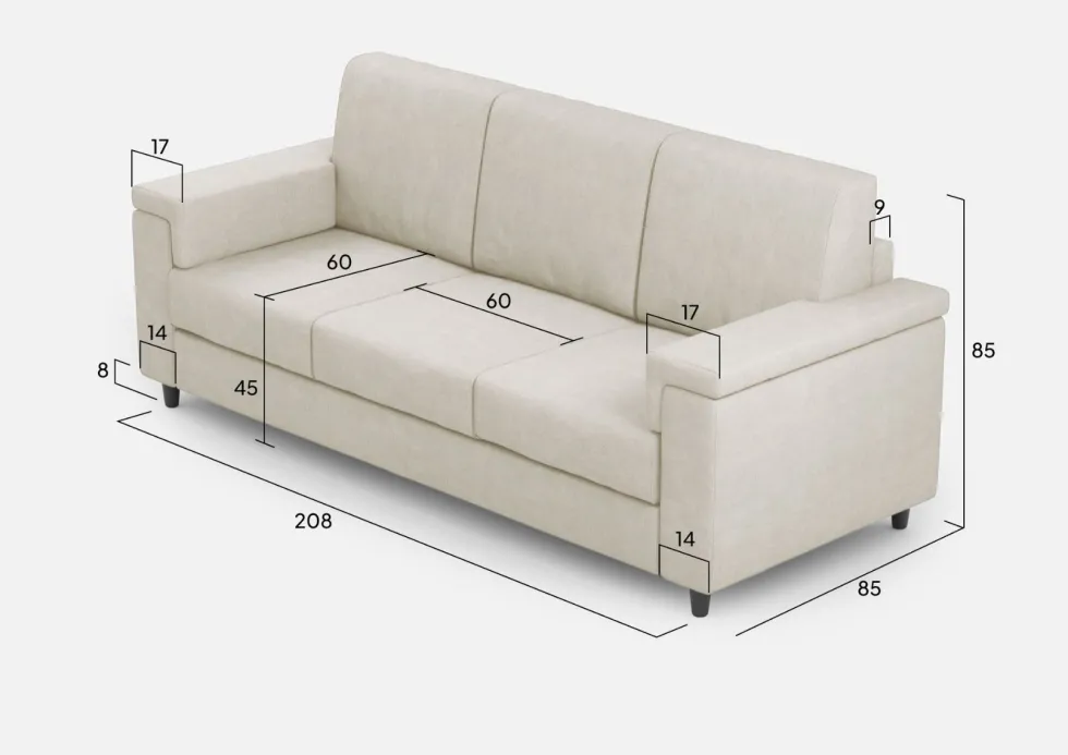 Divano 208x85cm design a tre posti con bracciolo squadrato tessuto idrorepellente bianco latte DI3