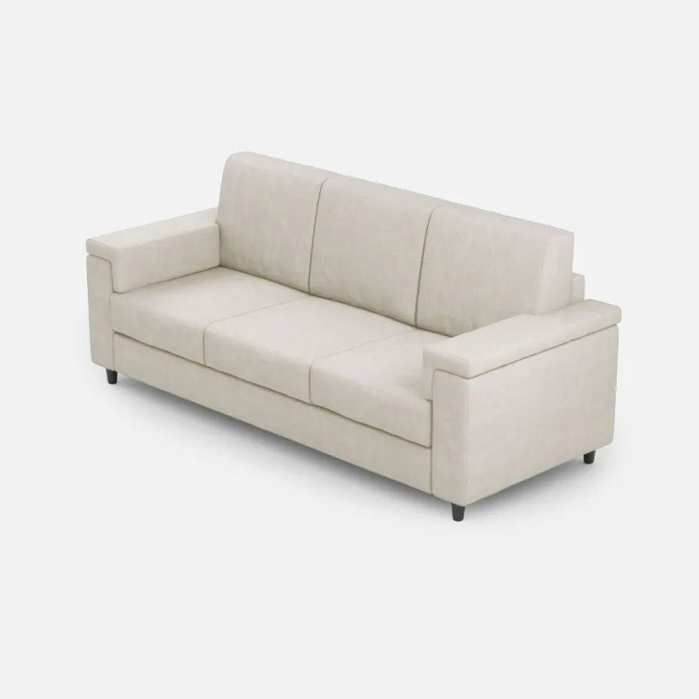 Divano 208x85cm design a tre posti con bracciolo squadrato tessuto idrorepellente bianco latte DI3