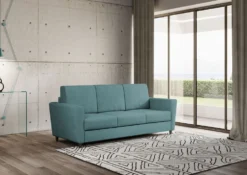 Divano 212x85cm design a tre posti con piedini in legno e tessuto idrorepellente blu petrolio DI36
