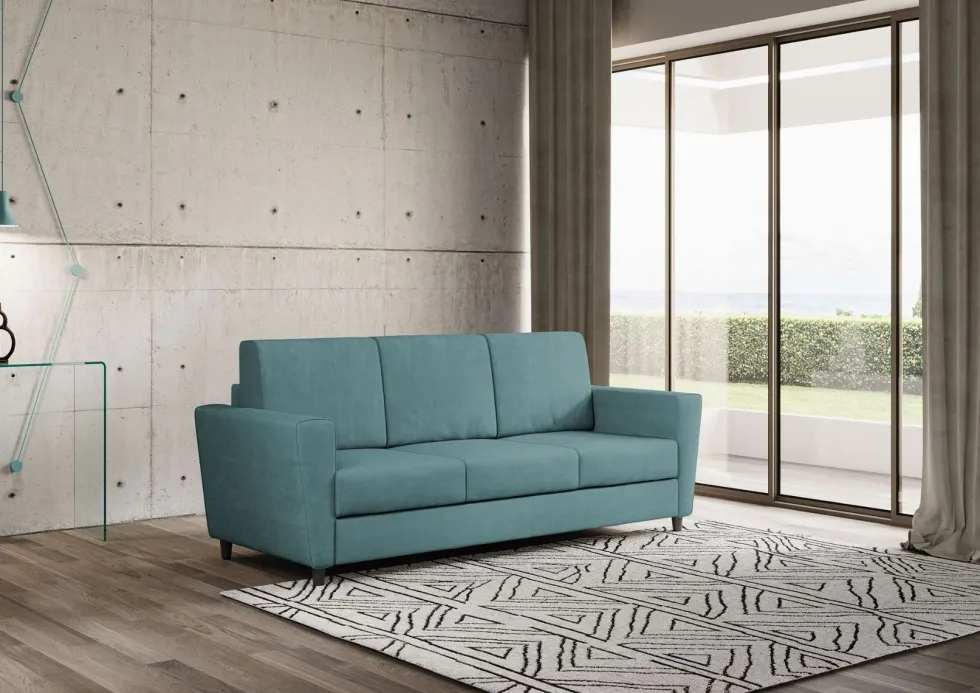 Divano 212x85cm design a tre posti con piedini in legno e tessuto idrorepellente blu petrolio DI36