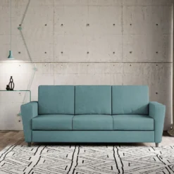Divano 212x85cm design a tre posti con piedini in legno e tessuto idrorepellente blu petrolio DI36