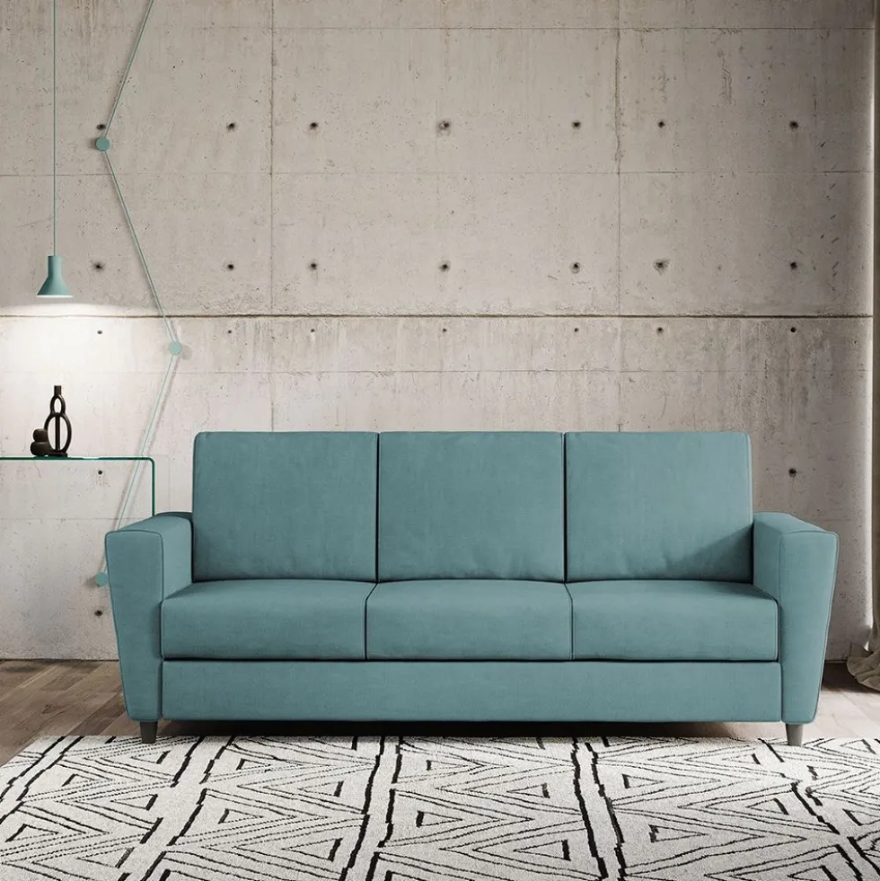 Divano 212x85cm design a tre posti con piedini in legno e tessuto idrorepellente blu petrolio DI36