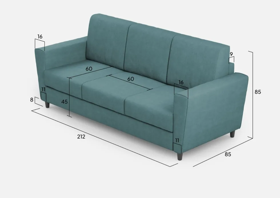 Divano 212x85cm design a tre posti con piedini in legno e tessuto idrorepellente blu petrolio DI36