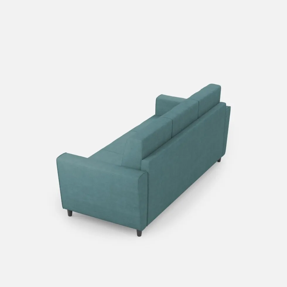 Divano 212x85cm design a tre posti con piedini in legno e tessuto idrorepellente blu petrolio DI36