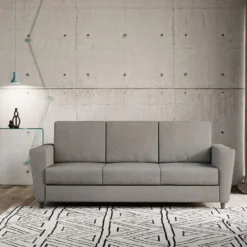 Divano 212x85cm design a tre posti con piedini in legno e tessuto idrorepellente grigio DI36