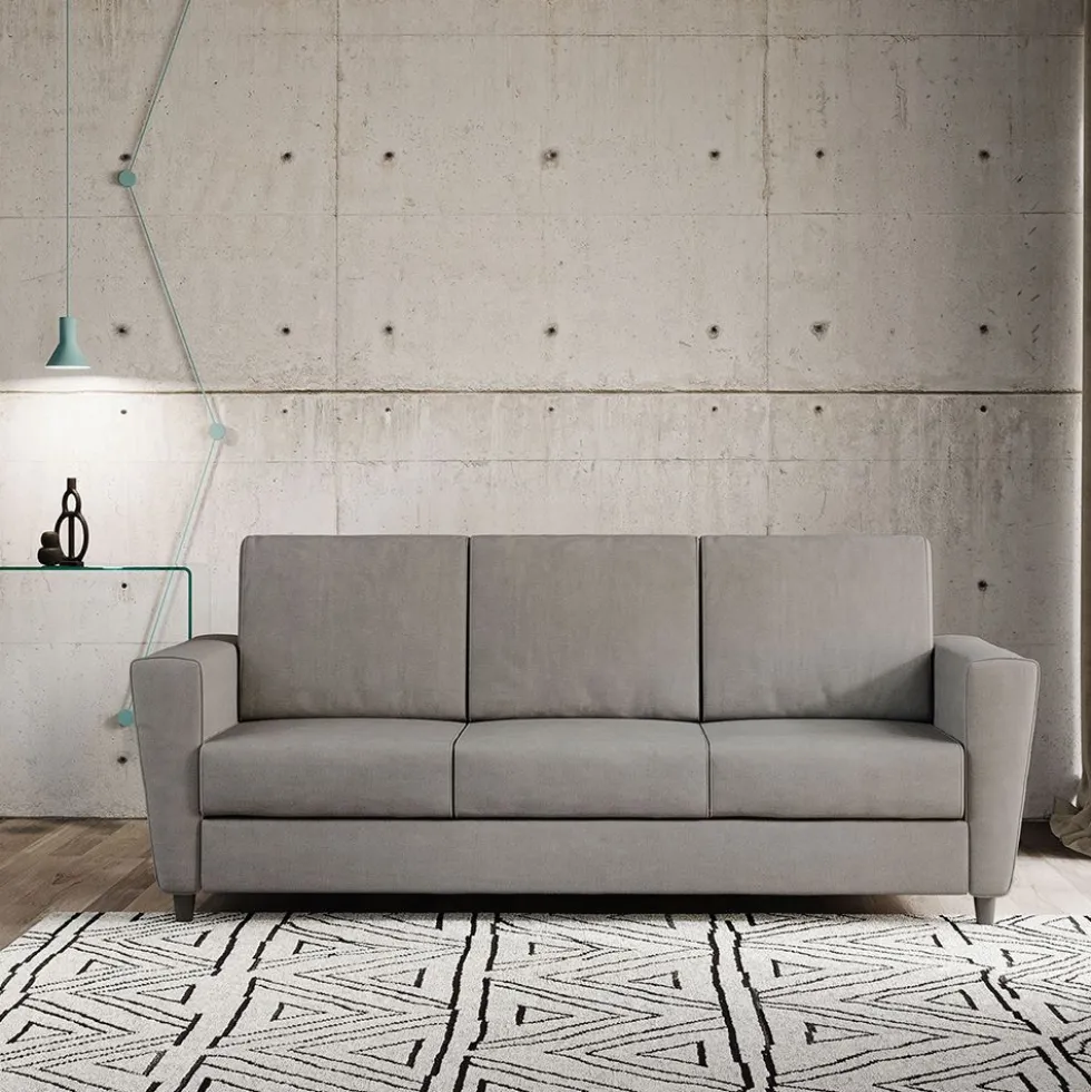 Divano 212x85cm design a tre posti con piedini in legno e tessuto idrorepellente grigio DI36