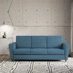 Divano 212x85cm design a tre posti con piedini in legno e tessuto idrorepellente blu avio DI36