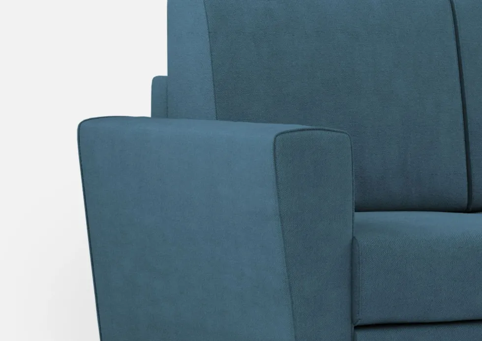 Divano 212x85cm design a tre posti con piedini in legno e tessuto idrorepellente blu avio DI36