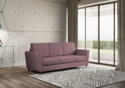 Divano 212x85cm design a tre posti con piedini in legno e tessuto idrorepellente prugna DI36