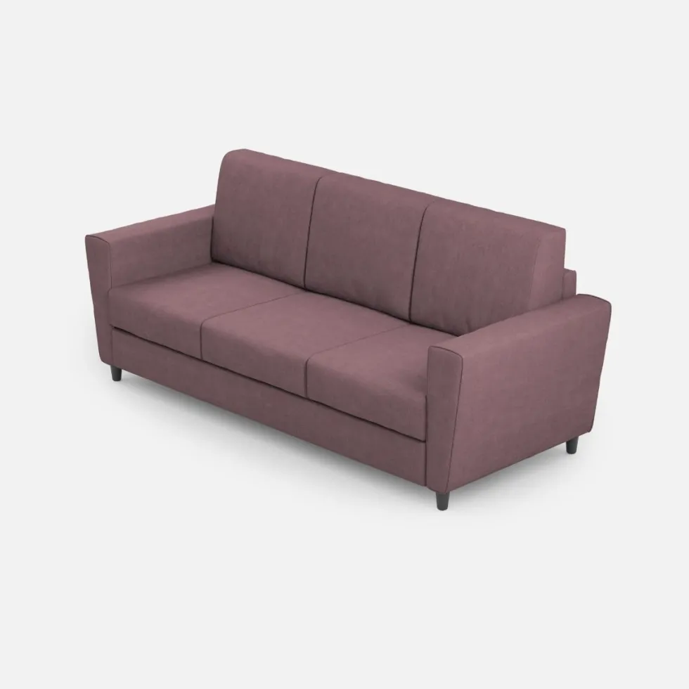 Divano 212x85cm design a tre posti con piedini in legno e tessuto idrorepellente prugna DI36