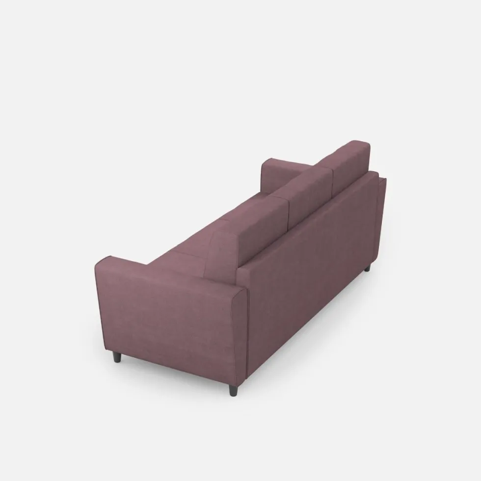 Divano 212x85cm design a tre posti con piedini in legno e tessuto idrorepellente prugna DI36