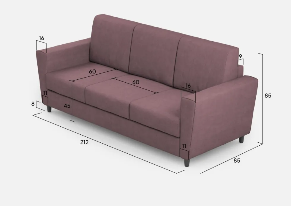 Divano 212x85cm design a tre posti con piedini in legno e tessuto idrorepellente prugna DI36