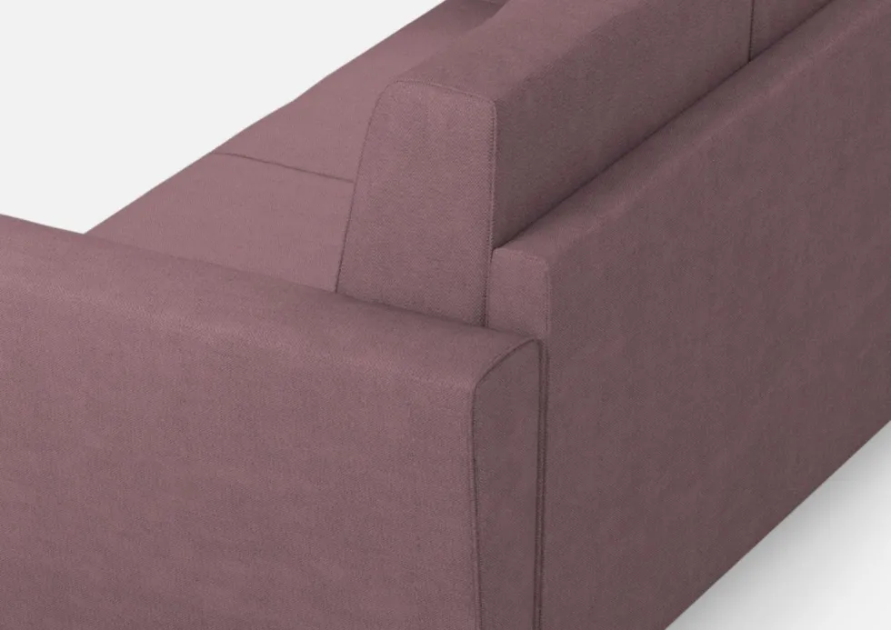 Divano 212x85cm design a tre posti con piedini in legno e tessuto idrorepellente prugna DI36