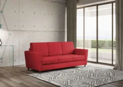 Divano 212x85cm design a tre posti con piedini in legno e tessuto idrorepellente rosso DI36
