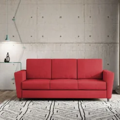 Divano 212x85cm design a tre posti con piedini in legno e tessuto idrorepellente rosso DI36