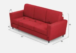 Divano 212x85cm design a tre posti con piedini in legno e tessuto idrorepellente rosso DI36