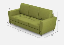 Divano 212x85cm design a tre posti con piedini in legno e tessuto idrorepellente verde DI36