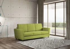 Divano 212x85cm design a tre posti con piedini in legno e tessuto idrorepellente verde DI36