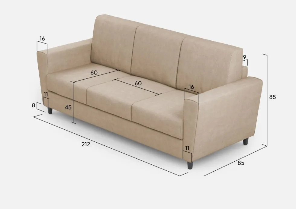 Divano 212x85cm design a tre posti con piedini in legno e tessuto idrorepellente beige DI36