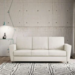 Divano 212x85cm design a tre posti con piedini in legno e tessuto idrorepellente bianco latte DI36