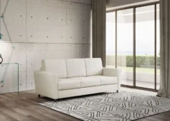 Divano 212x85cm design a tre posti con piedini in legno e tessuto idrorepellente bianco latte DI36
