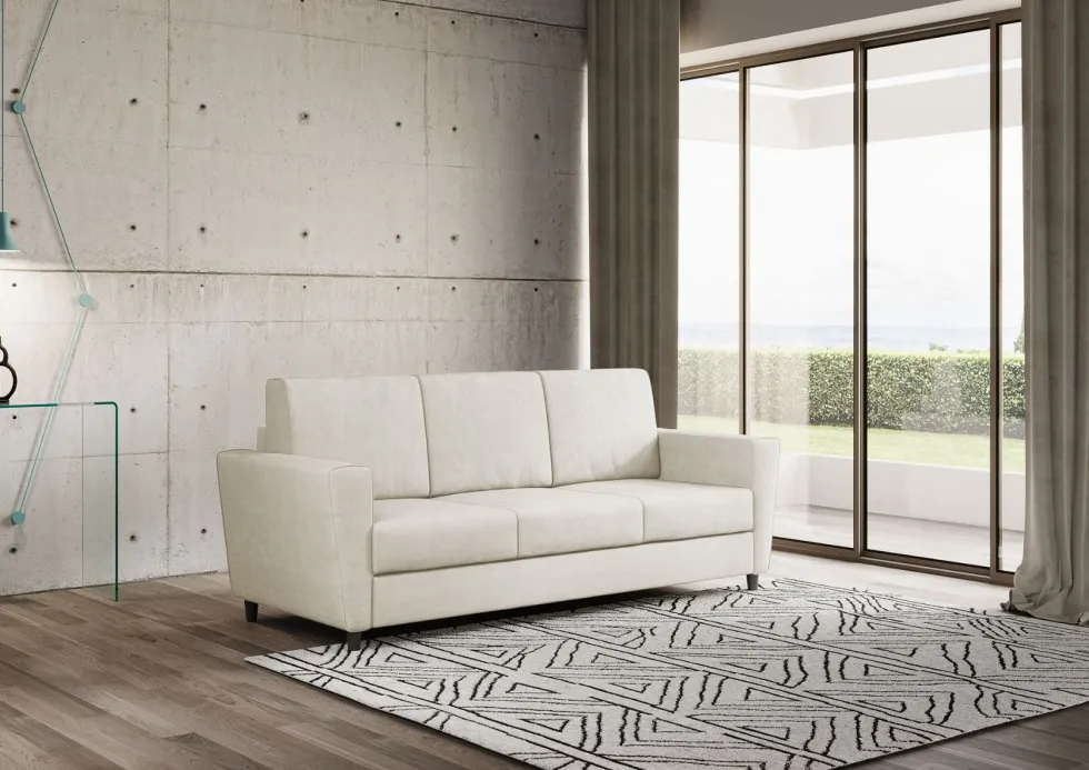 Divano 212x85cm design a tre posti con piedini in legno e tessuto idrorepellente bianco latte DI36