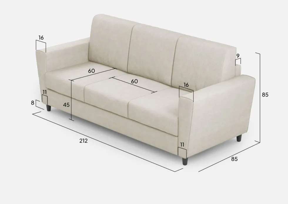 Divano 212x85cm design a tre posti con piedini in legno e tessuto idrorepellente bianco latte DI36