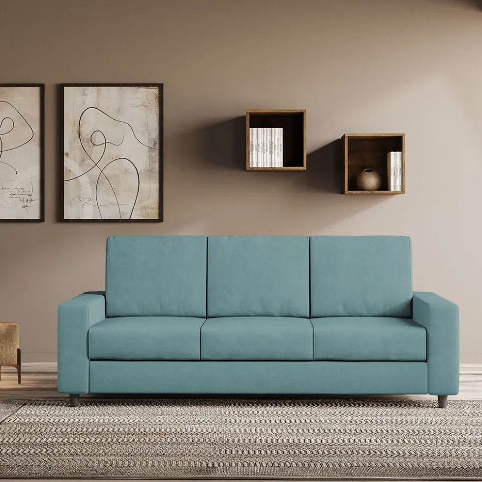 Divano 208x85cm design a tre posti con bracciolo moderno quadrato idrorepellente blu petrolio DI14