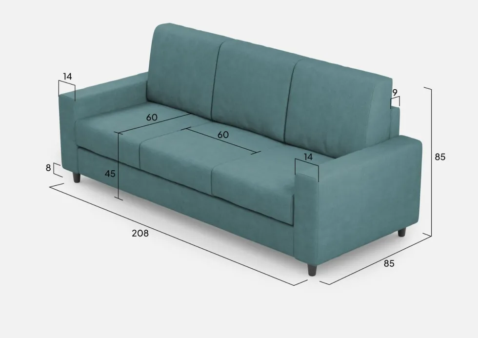 Divano 208x85cm design a tre posti con bracciolo moderno quadrato idrorepellente blu petrolio DI14