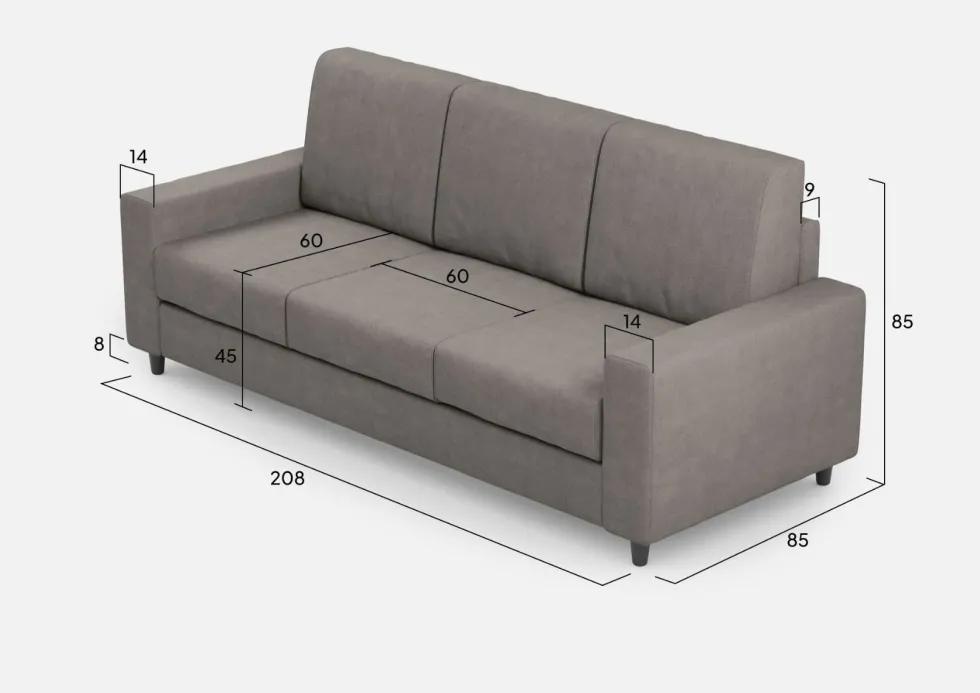 Divano 208x85cm design a tre posti con bracciolo moderno quadrato idrorepellente grigio DI14