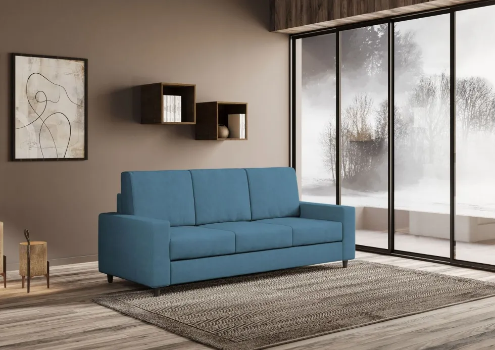 Divano 208x85cm design a tre posti con bracciolo moderno quadrato idrorepellente blu avio DI14