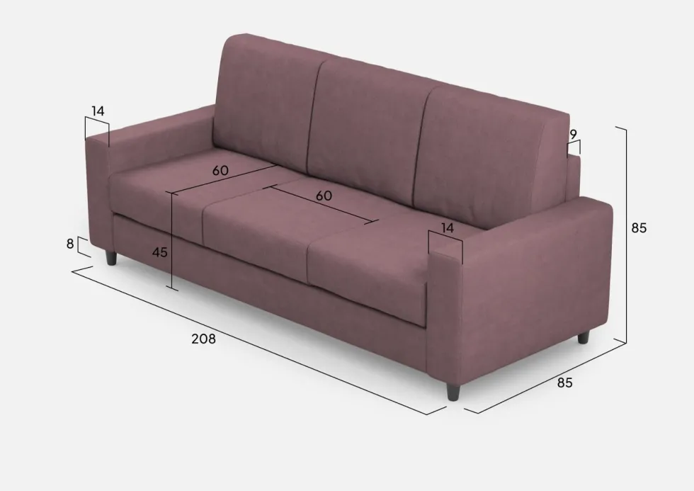 Divano 208x85cm design a tre posti con bracciolo moderno quadrato idrorepellente prugna DI14