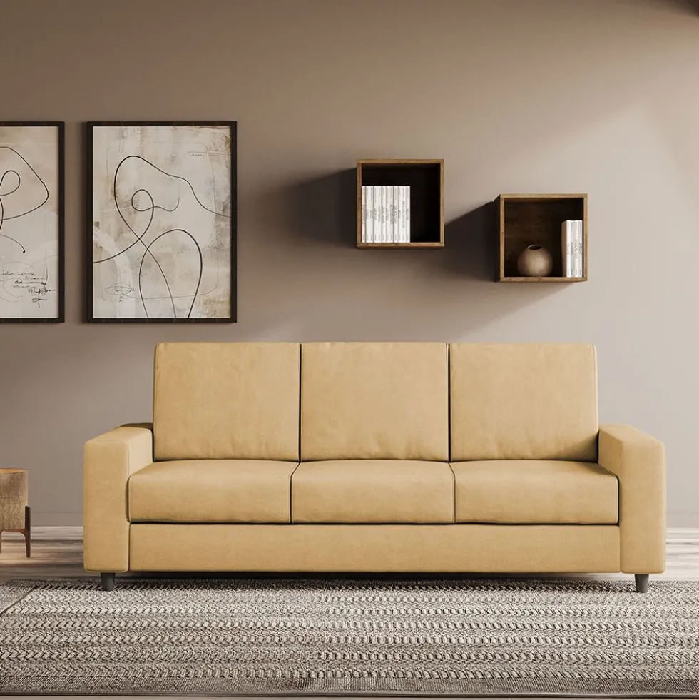 Divano 208x85cm design a tre posti con bracciolo moderno quadrato idrorepellente ocra DI14