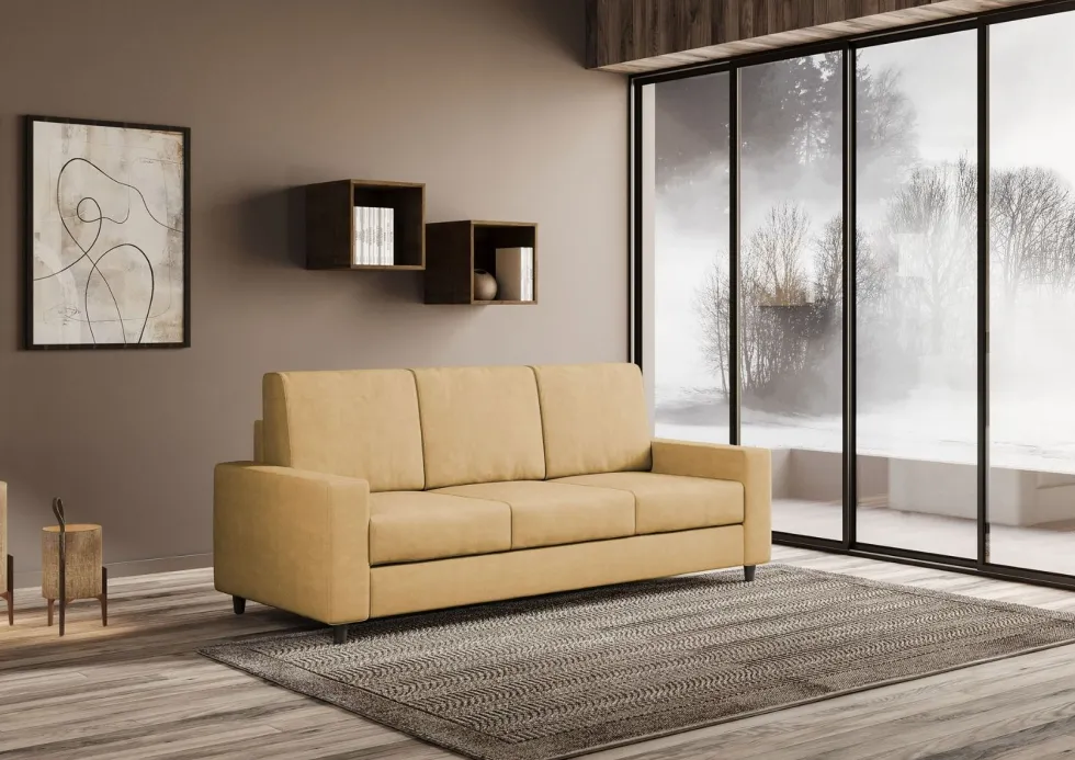 Divano 208x85cm design a tre posti con bracciolo moderno quadrato idrorepellente ocra DI14