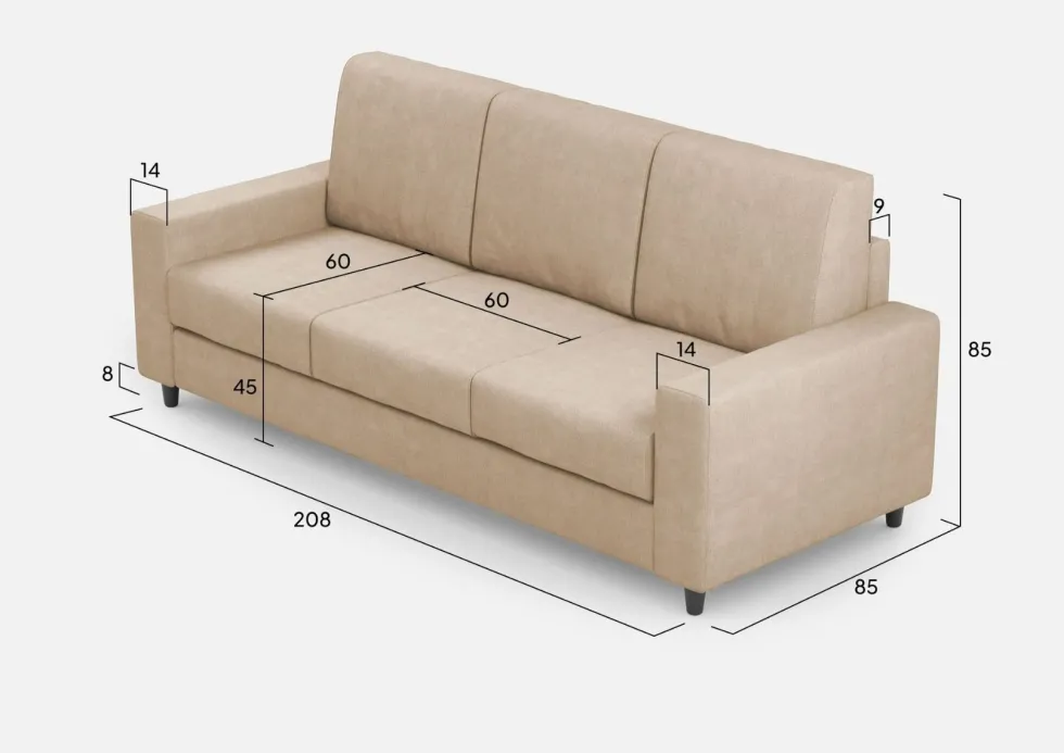 Divano 208x85cm design a tre posti con bracciolo moderno quadrato idrorepellente beige DI14