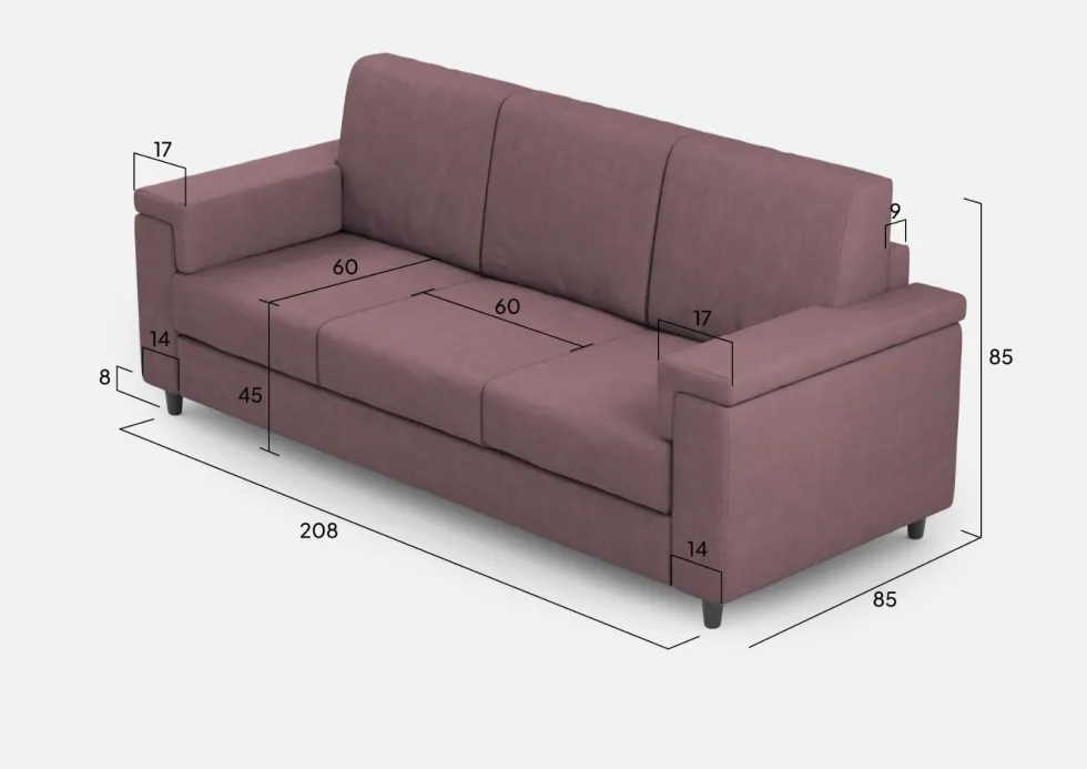 Divano 208x85cm design a tre posti con bracciolo squadrato tessuto idrorepellente prugna DI3
