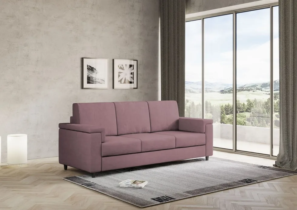 Divano 208x85cm design a tre posti con bracciolo squadrato tessuto idrorepellente prugna DI3