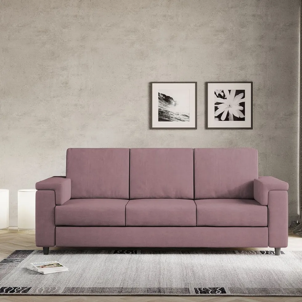 Divano 208x85cm design a tre posti con bracciolo squadrato tessuto idrorepellente prugna DI3